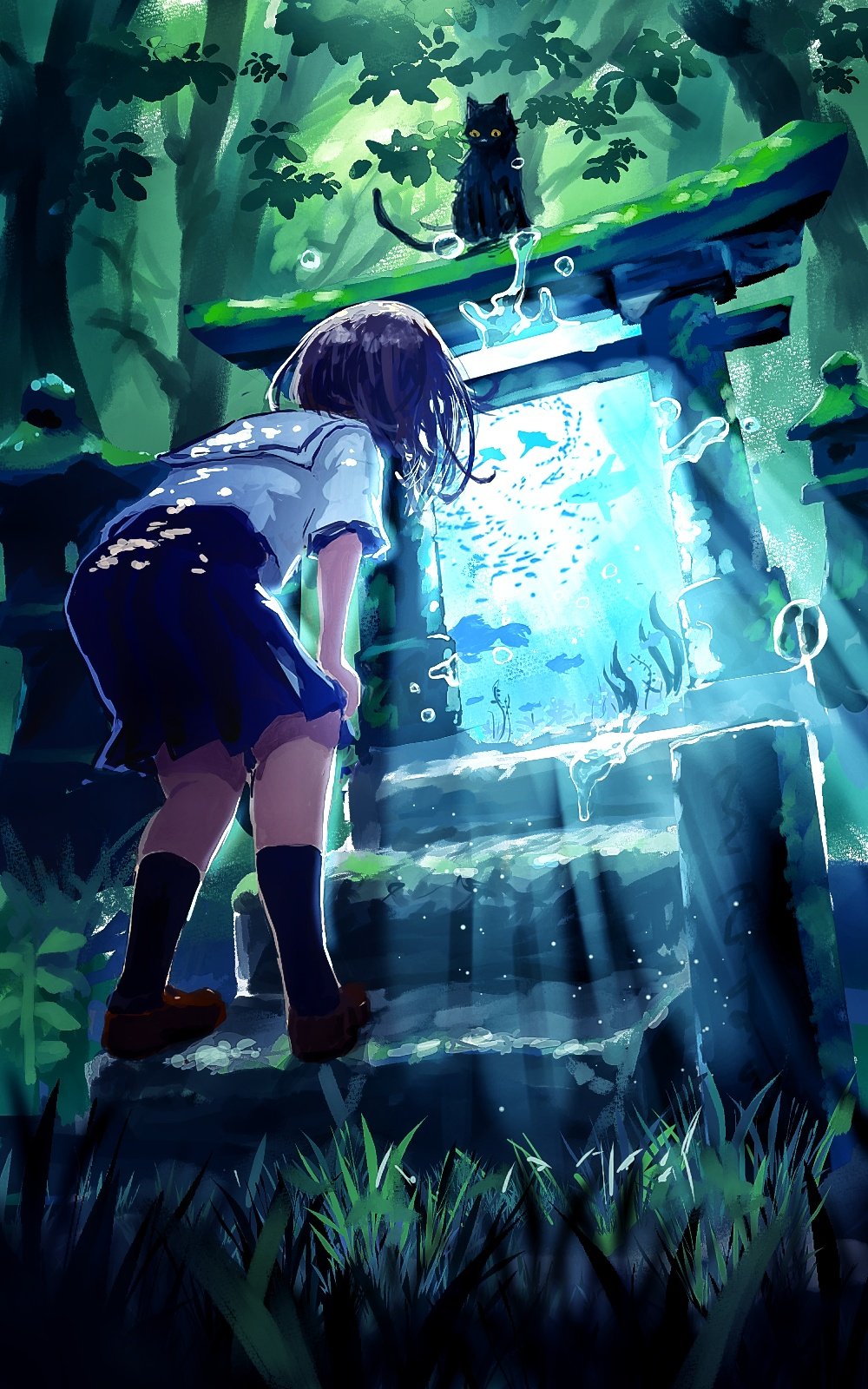 original, highres, 1girl, air bubble, black hair, black socks, bubble, fish, from behind, light rays, sanmen (threeface il), school uniform, serafuku, shoes, short hair, skirt, socks, solo, stairs, stone lantern, sunlight, torii, underwater, water
