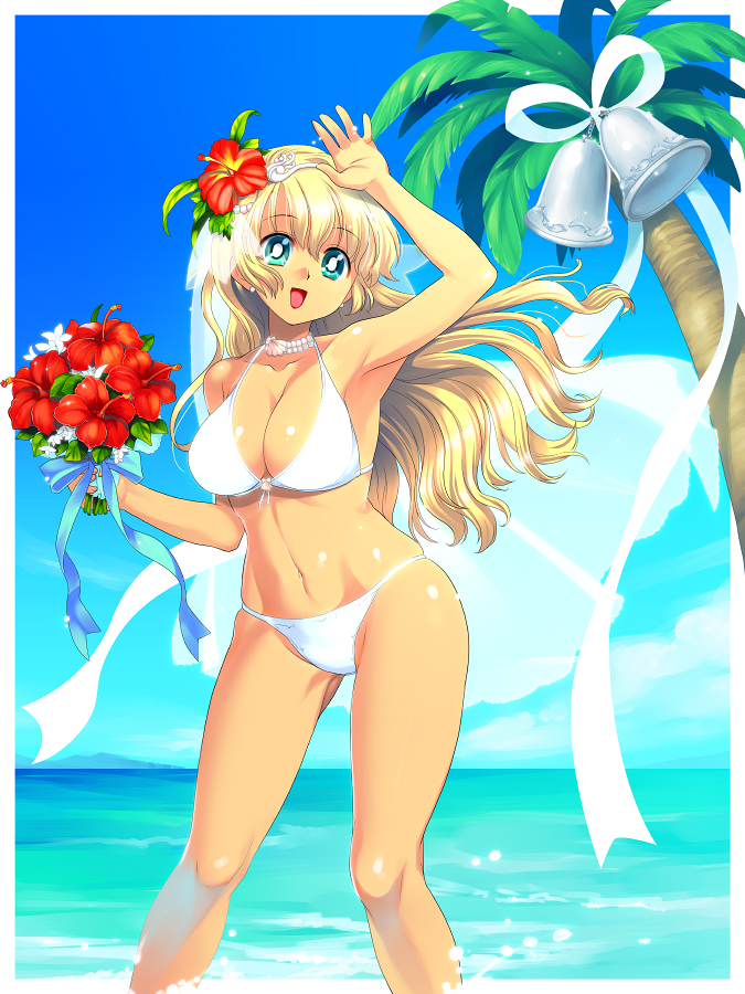 gimei, original, 1girl, aqua eyes, beach, bell, bikini, blonde hair, bouquet, breasts, bridal veil, bride, cleavage, cloud, day, female focus, flower, gem, hibiscus, jewelry, long hair, necklace, ocean, outdoors, palm tree, pearl (gemstone), pearl necklace, sky, smile, solo, summer, swimsuit, tree, veil, wedding, white bikini