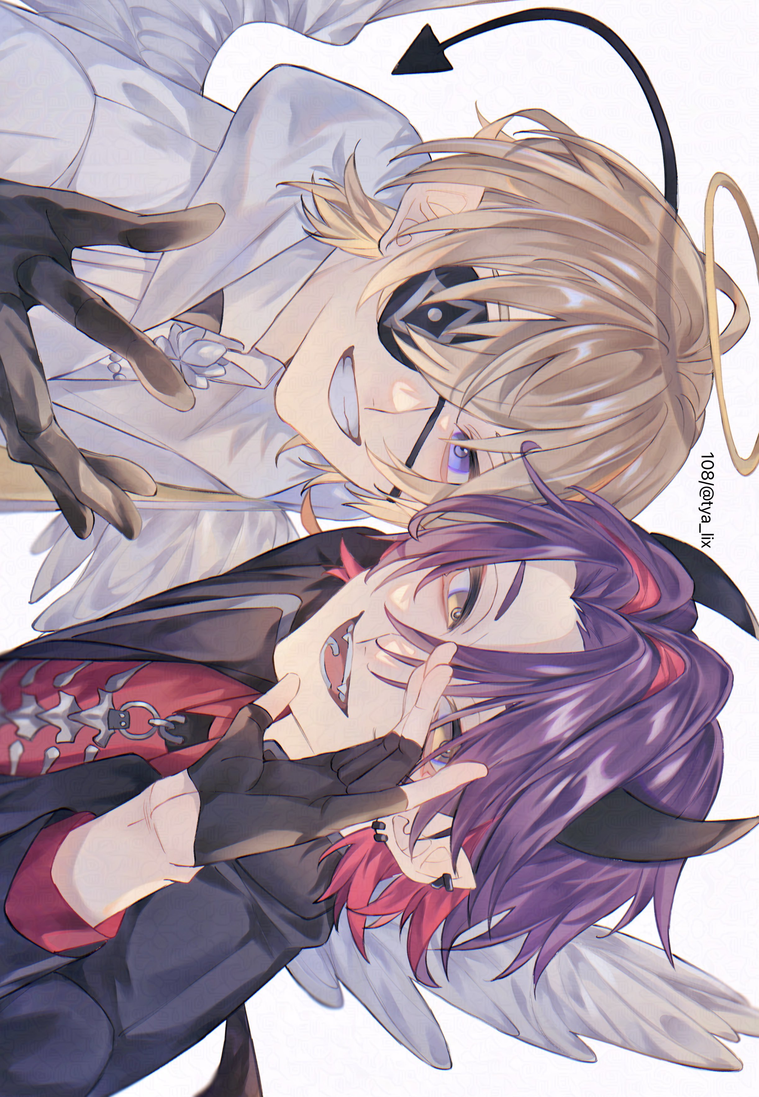 fura kanato, watarai hibari, nijisanji, absurdres, highres, 2boys, angel and devil, angel wings, black gloves, blonde hair, blue eyes, collared shirt, colored inner hair, curtained hair, demon horns, demon tail, eyepatch, fingerless gloves, formal clothes, gloves, hair between eyes, half gloves, halo, horns, looking at viewer, male focus, multicolored hair, multiple boys, purple hair, red shirt, shirt, short hair, sideways, simple background, smile, suit, tail, traditional halo, tya lix, upper body, virtual youtuber, white background, white shirt, white suit, wings, yellow eyes
