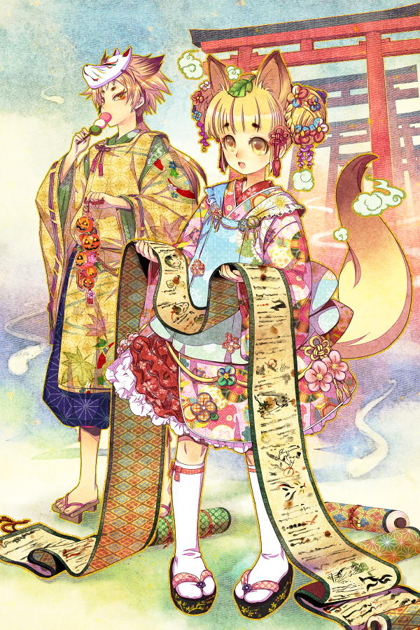 gimei, original, 1boy, 1girl, animal ears, asa no ha (pattern), blonde hair, dango, food, fox, fox ears, fox mask, fox tail, full body, geta, halloween, jack-o'-lantern, japanese clothes, mask, no socks, okobo, platform sandals, pumpkin, sandals, sanshoku dango, scroll, shippou (pattern), skewer, socks, tabi, tail, torii, wagashi, yellow eyes