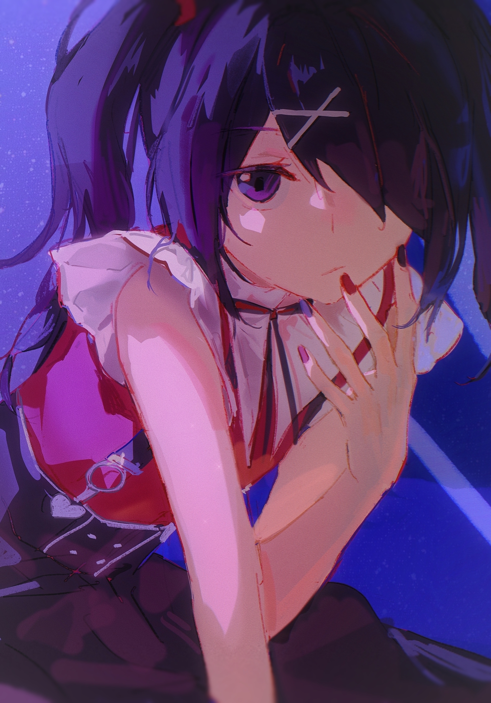 akakagami, ame-chan (needy girl overdose), needy girl overdose, chinese commentary, commentary request, highres, 1girl, black hair, black nails, black ribbon, black skirt, blue nails, closed mouth, hair ornament, hair over one eye, hand up, long hair, looking at viewer, multicolored nails, neck ribbon, one eye covered, purple eyes, purple nails, red nails, red shirt, ribbon, shirt, skirt, solo, suspender skirt, suspenders, twintails, x hair ornament
