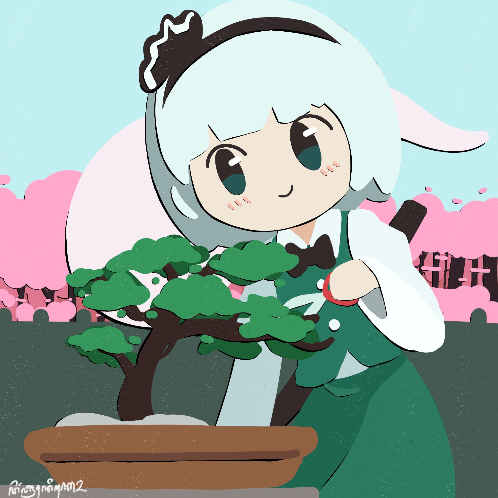 konpaku youmu, touhou, highres, 1girl, black hairband, derbruhniko, gardening, grey hair, hairband, short hair, smile, solo, sword, weapon, white hair
