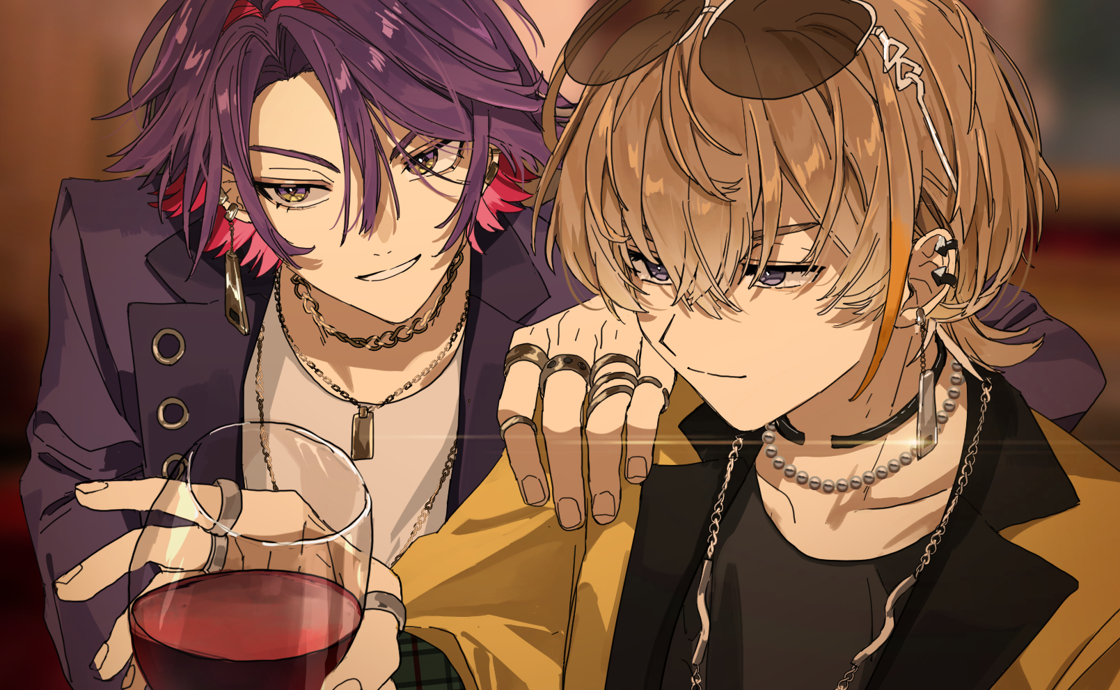 matsuhago, fura kanato, watarai hibari, nijisanji, hashtag-only commentary, highres, 2boys, alcohol, blazer, brown hair, choker, closed mouth, colored inner hair, cup, drinking glass, ear piercing, earrings, eyewear on head, hair between eyes, hand on another's shoulder, holding, holding cup, jacket, jewelry, male focus, multicolored hair, multiple boys, multiple necklaces, multiple rings, piercing, purple hair, purple jacket, ring, shirt, short hair, smile, sunglasses, two-tone hair, upper body, virtual youtuber, white shirt, wine, wine glass, yellow jacket
