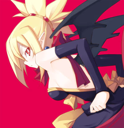 shingo (missing link), rozalin, disgaea, makai senki disgaea 2, nippon ichi, lowres, 1girl, bare shoulders, bat wings, blonde hair, bow, breasts, bright pupils, dress, pink background, pointy ears, red eyes, sideboob, slit pupils, strapless, strapless dress, wings, yellow bow