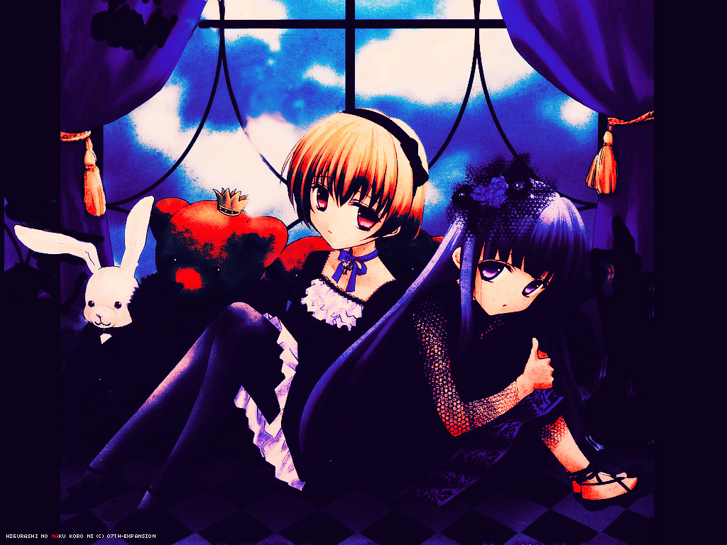 houjou yutori, furude rika, houjou satoko, higurashi no naku koro ni, 00s, 2girls, blonde hair, blue hair, dress, gothic lolita, lolita fashion, long hair, multiple girls, pantyhose, purple eyes, red eyes, ribbon, short hair, very long hair, window