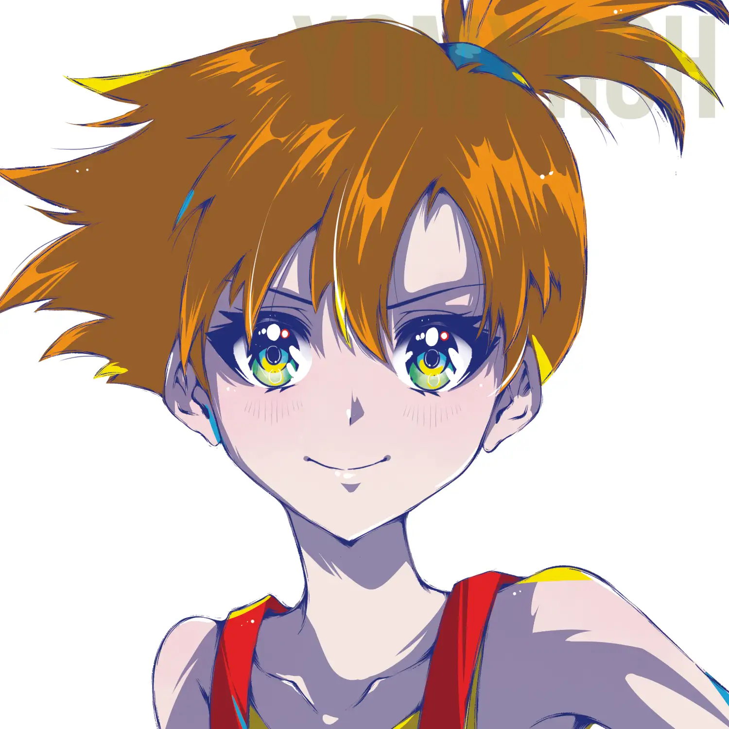 misty (pokemon), nintendo, pokemon, pokemon (anime), pokemon (classic anime), pokemon rgby, 1girl, bare shoulders, blush, closed mouth, collarbone, eyelashes, green eyes, hair between eyes, hair tie, looking at viewer, orange hair, red shirt, shirt, short hair, side ponytail, sleeveless, sleeveless shirt, smile, solo, suspenders, tank top, upper body, yellow shirt, yomyroh