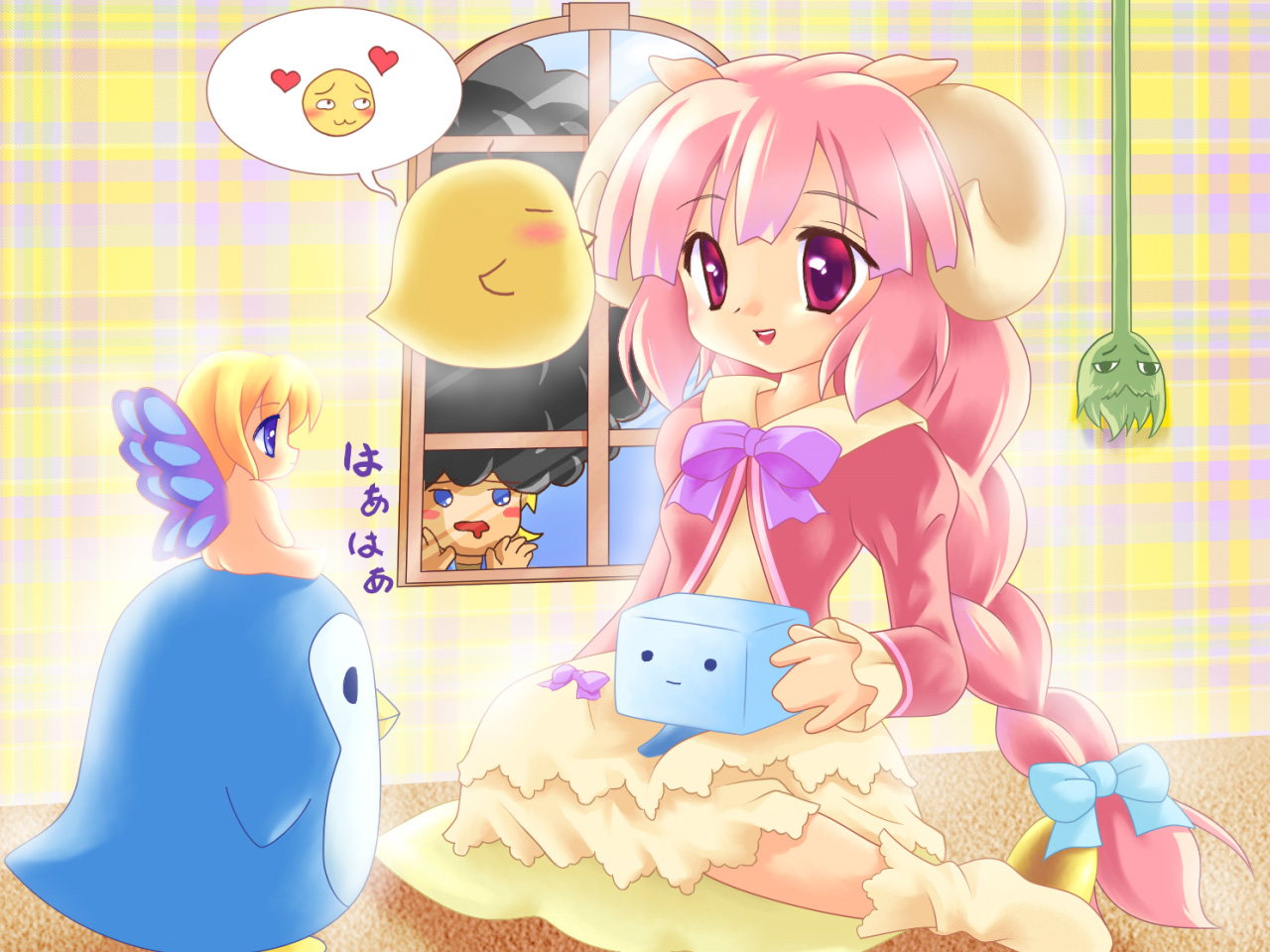lion (trickster), sheep (trickster), trickster (ntreev soft), 10s, animal ears, bird, bow, braid, dress, fairy, hair bow, hair ribbon, heart, horns, long hair, penguim, penguin, pink eyes, pink hair, ribbon, sheep ears, sitting, smile, socks, solo, tongue, twin braids, window
