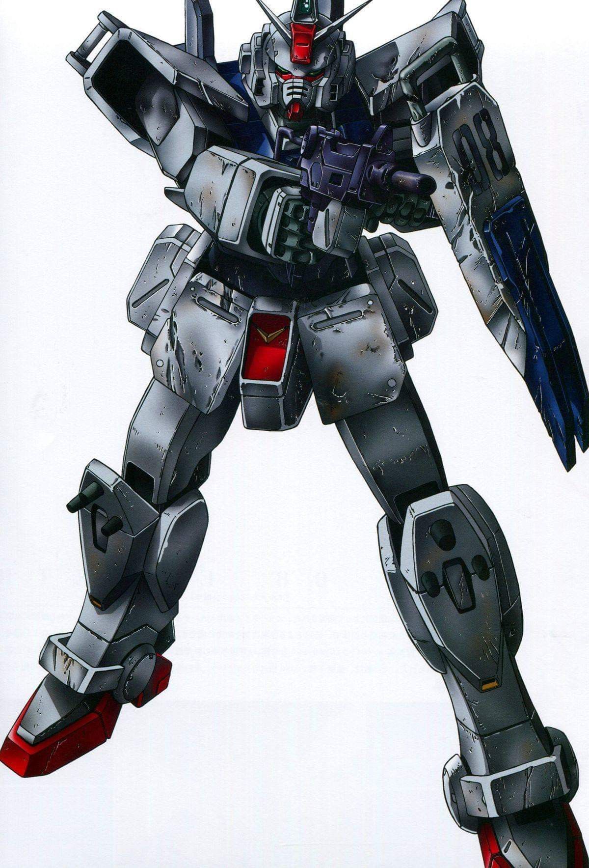katoki hajime, ground gundam, gundam, gundam 08th ms team, highres, official art, promotional art, scan, traditional media, 1990s (style), aiming, assault rifle, damaged, dirty, gun, machinery, mecha, mecha focus, mobile suit, no humans, retro artstyle, rifle, robot, scene reference, science fiction, shield, v-fin, weapon, white background