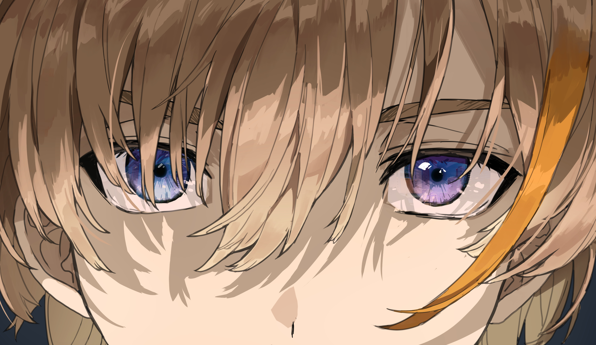 matsuhago, fura kanato, nijisanji, highres, 1boy, blue eyes, brown hair, close-up, eye focus, hair between eyes, looking at viewer, male focus, multicolored hair, short hair, solo, streaked hair, two-tone hair, virtual youtuber