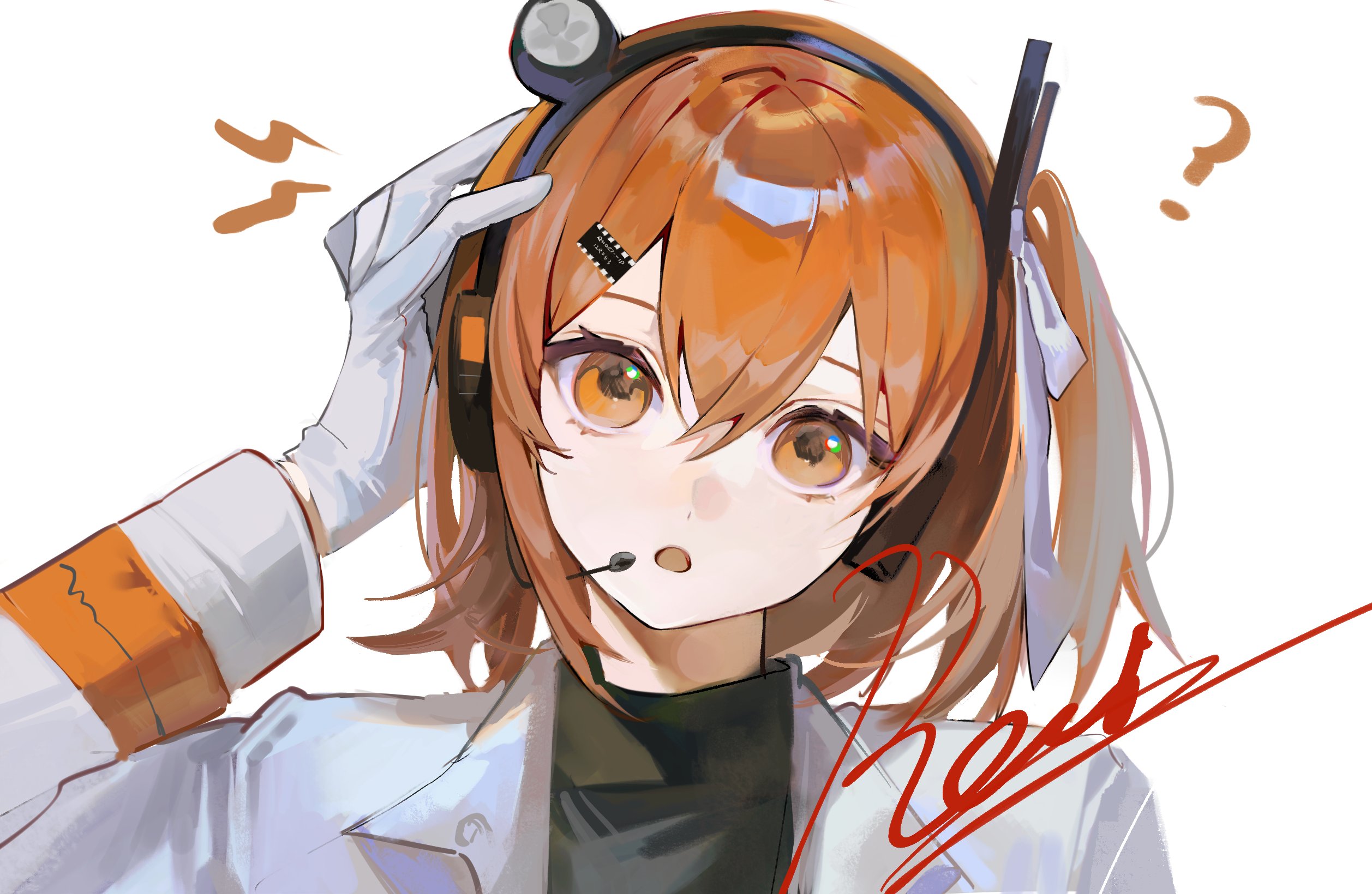 qi xia, adachi rei, a.i. voice, utau, commentary, highres, symbol-only commentary, 1girl, :o, ?, black shirt, computer chip, crossed bangs, gloves, hair between eyes, hair ornament, hair ribbon, hairclip, hand on own head, headlamp, headset, jacket, lens eye, long sleeves, looking at viewer, medium hair, one side up, open clothes, open jacket, open mouth, orange eyes, orange hair, radio antenna, ribbon, shirt, signature, simple background, solo, sound wave, turtleneck, turtleneck shirt, upper body, white background, white gloves, white jacket, white ribbon