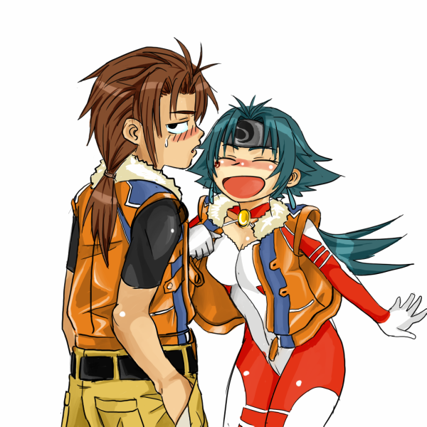 aria advance, kazuma ardygun, banpresto, super robot wars, super robot wars w, blush, bodysuit, brown hair, green hair, headband, jacket, ponytail, smile