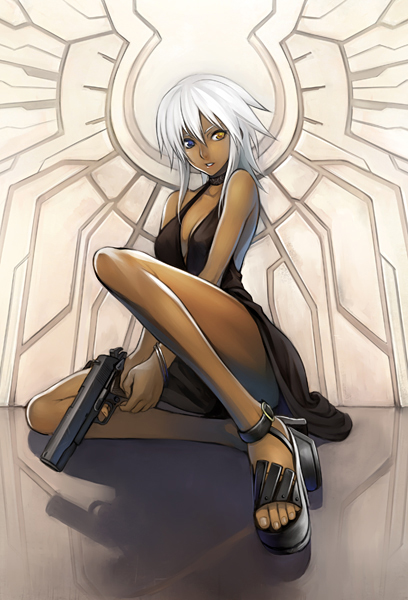 kurojishi, original, bad id, bad pixiv id, 1girl, blue eyes, bracelet, dark-skinned female, dark skin, dress, female focus, greek toe, gun, handgun, heterochromia, high heels, jewelry, legs, m1911, pistol, platform shoes, reflection, shadow, shoes, short hair, sitting, solo, toes, weapon, white hair, yellow eyes