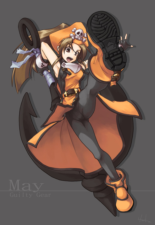 akiyama nenehisa, may (guilty gear), arc system works, guilty gear, 1girl, anchor, bicorne, brown eyes, brown hair, female focus, fingerless gloves, gloves, hat, long hair, orange hat, orange shirt, pantyhose, pirate hat, shirt, solo