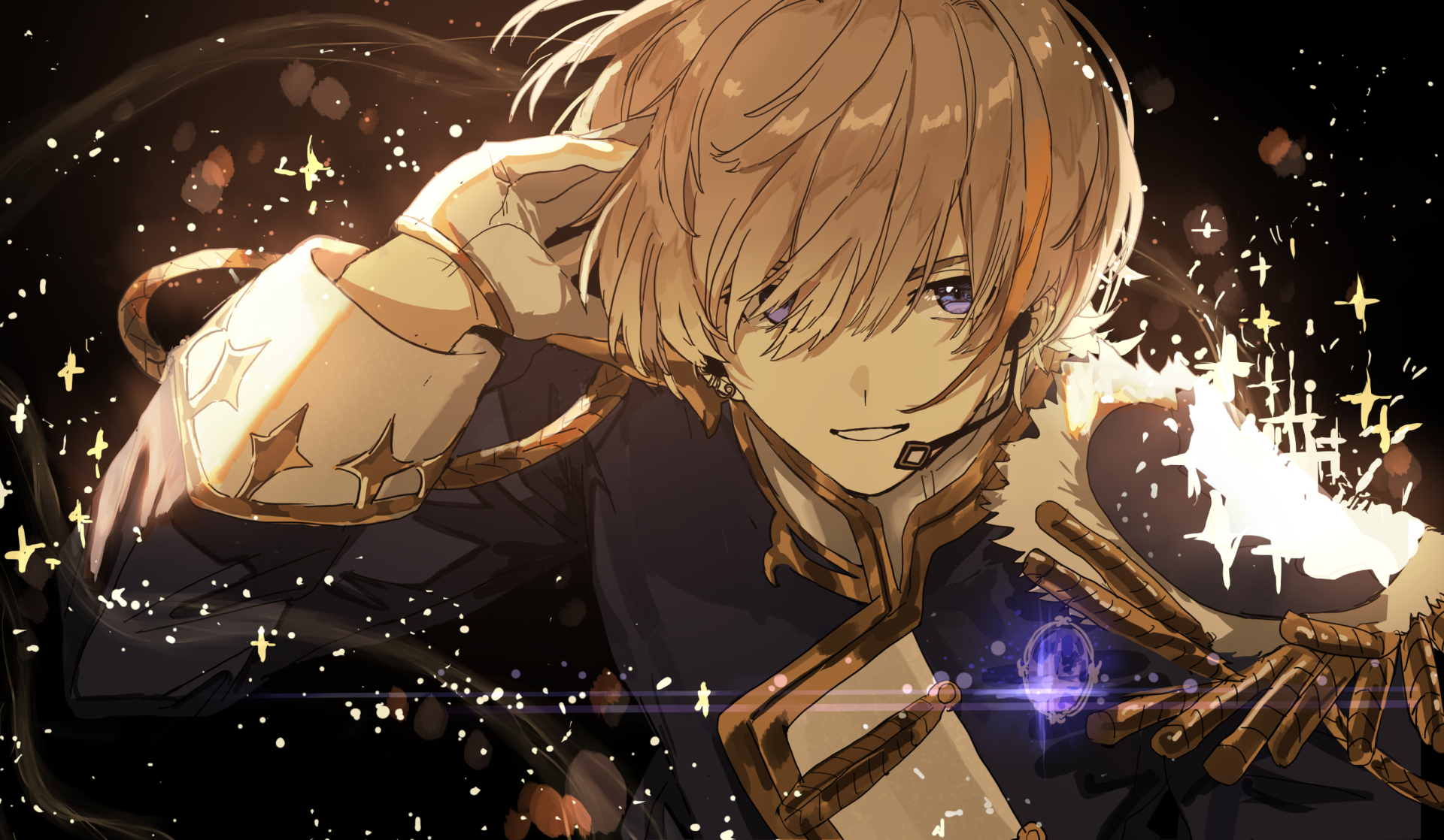 matsuhago, fura kanato, nijisanji, hashtag-only commentary, highres, 1boy, aiguillette, black background, blue eyes, brown hair, earpiece, epaulettes, gloves, gold trim, idol clothes, looking at viewer, male focus, multicolored hair, nijisanji idol uniform, short hair, single epaulette, smile, solo, sparkle, streaked hair, upper body, virtual youtuber, white gloves