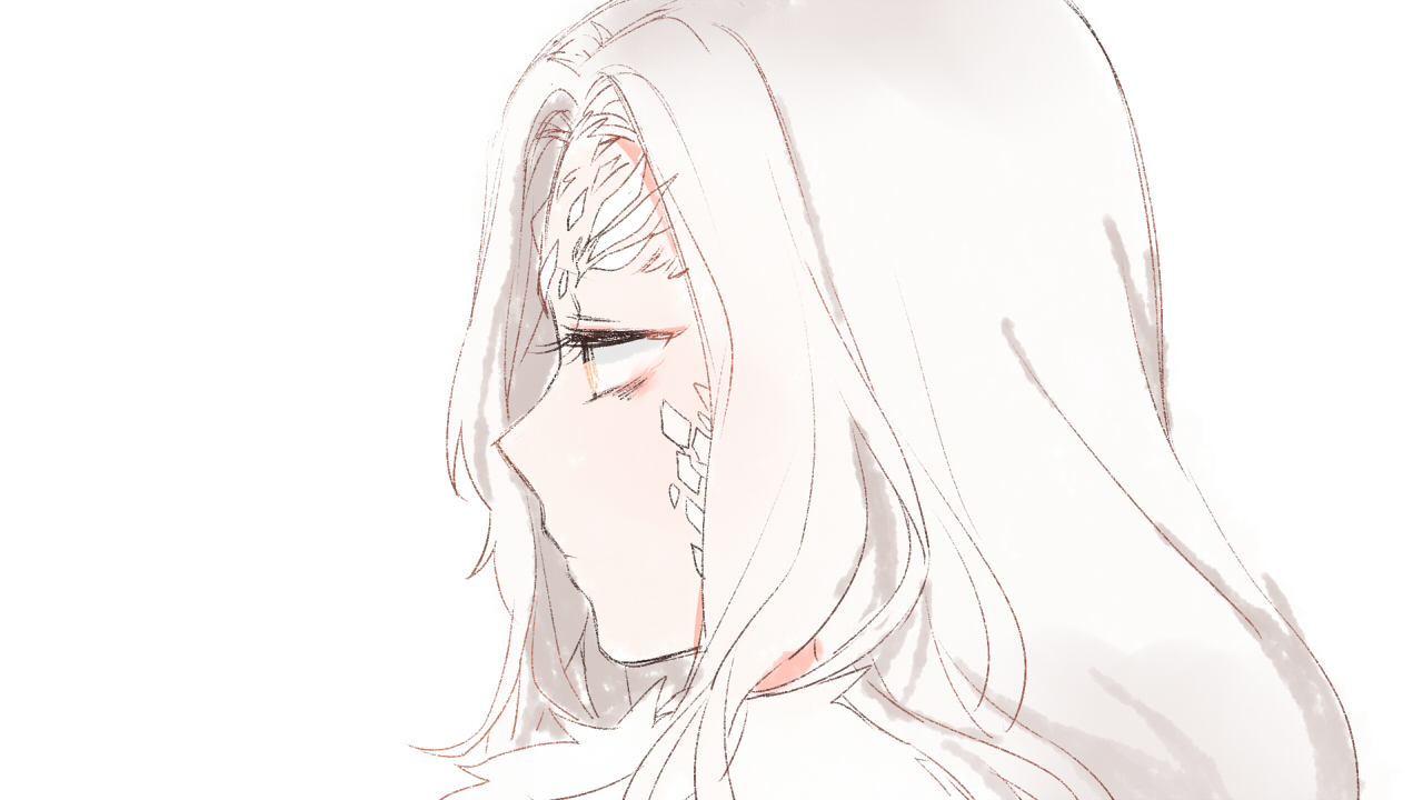 maou skun, priscilla the crossbreed, dark souls (series), dark souls i, commentary request, 1girl, closed mouth, expressionless, from side, long hair, portrait, profile, simple background, solo, white background, white hair, yellow eyes