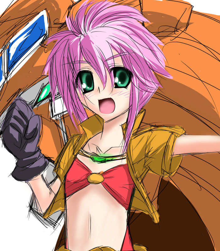 gunleon, mail beater, mel peter, banpresto, super robot wars, super robot wars z, super robot wars z1, 1girl, female focus, flat chest, gloves, mecha, midriff, pink hair, robot, sketch, solo