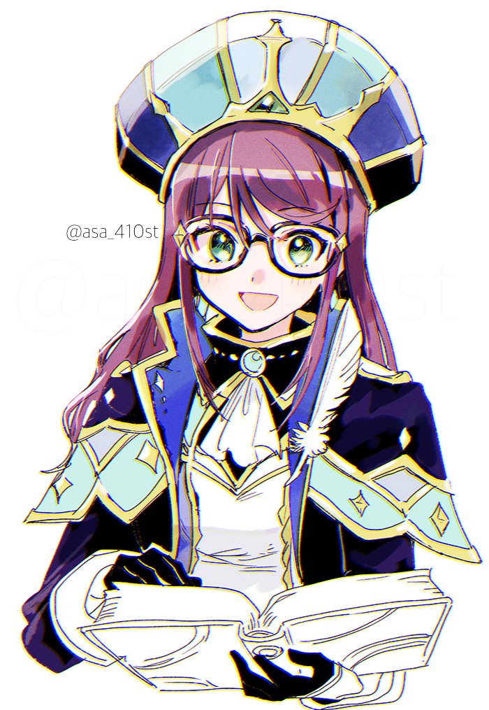 asa (asa 410st), hoshimi junna, shoujo kageki revue starlight, shoujo kageki revue starlight -re live-, clothing request, commentary, 1girl, :d, aqua hat, aqua jacket, ascot, black gloves, black hat, black jacket, blue hat, blue jacket, brooch, chromatic aberration, diamond (shape), feathers, flipped bangs, gem, glasses, gloves, green eyes, green gemstone, hair between eyes, hat, jacket, jewelry, lapels, long hair, long sidelocks, long sleeves, looking at object, multicolored hat, multicolored jacket, notched lapels, official alternate costume, open clothes, open jacket, open mouth, purple hair, reading, shirt, sidelocks, simple background, smile, solo, star (symbol), twitter username, two-sided fabric, two-sided jacket, white ascot, white background, white hat, white shirt, yellow trim