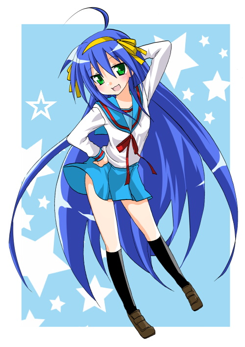 komo da, hirano aya, izumi konata, suzumiya haruhi, lucky star, suzumiya haruhi no yuuutsu, bad id, bad pixiv id, 1girl, ahoge, blue hair, cosplay, female focus, green eyes, long hair, mole, mole under eye, school uniform, serafuku, solo, suzumiya haruhi (cosplay), very long hair, voice actor connection