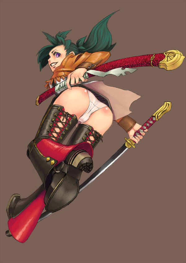 kanemaki thomas, original, ass, chaps, detached pants, green hair, katana, long hair, looking back, panties, pink panties, ponytail, purple eyes, solo, sword, thighhighs, underwear, weapon