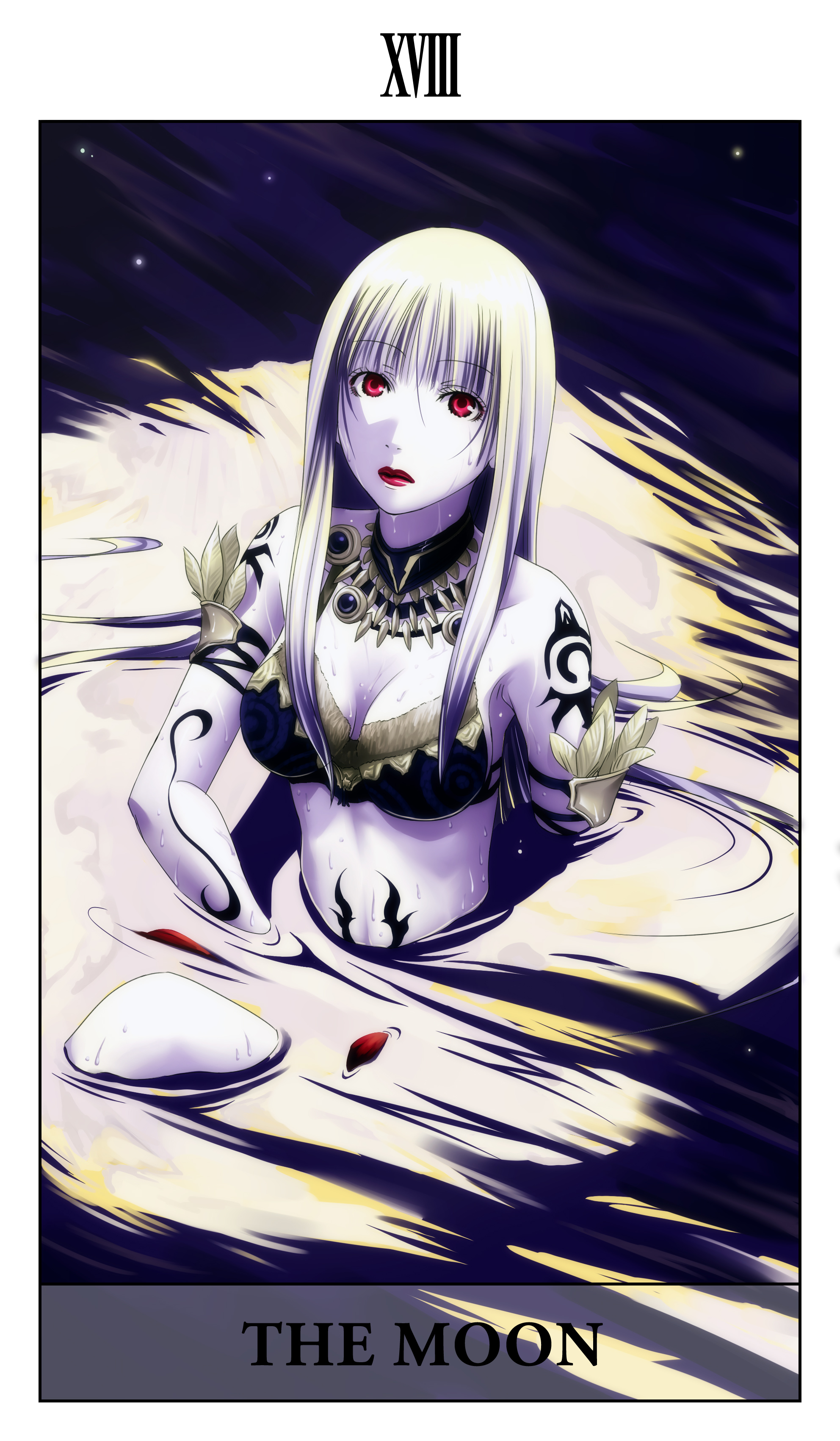 mr.romance, fantasy earth zero, absurdres, highres, card (medium), pale skin, red eyes, tarot, tarot (medium), tattoo, the moon (tarot), water, wet, white hair