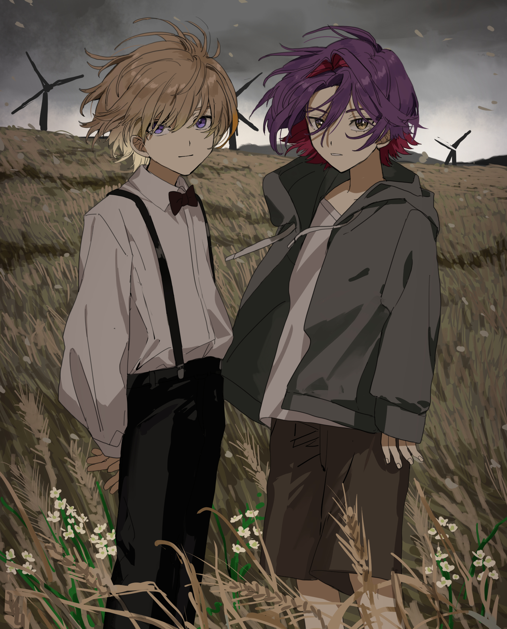 matsuhago, fura kanato, watarai hibari, nijisanji, highres, 2boys, aged down, black bow, black bowtie, black hoodie, black pants, bow, bowtie, brown hair, closed mouth, cloud, cloudy sky, collared shirt, colored inner hair, hood, hooded jacket, hoodie, jacket, long sleeves, looking at viewer, male focus, multicolored hair, multiple boys, outdoors, pants, purple eyes, purple hair, shirt, short hair, shorts, sky, smile, standing, suspenders, two-tone hair, virtual youtuber, wheat field, white shirt, wind, yellow eyes
