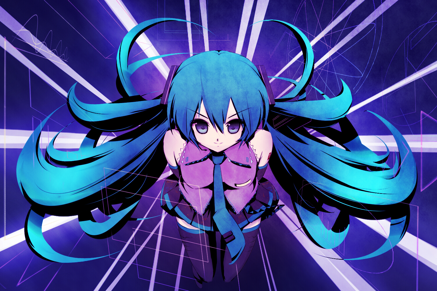 takunama, hatsune miku, vocaloid, blue hair, detached sleeves, long hair, microphone, necktie, purple eyes, skirt, solo, thighhighs, twintails, zettai ryouiki