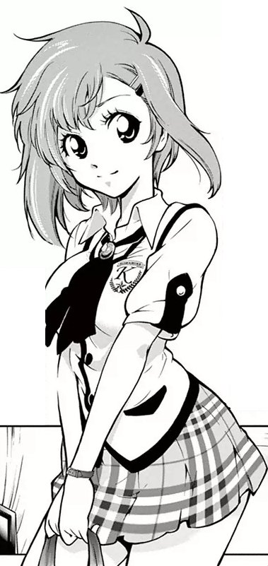 non-web source, ahoge, breasts, chousuinou kei, collared shirt, hair ornament, hairpin, holding, kinoshita maori, medium breasts, miniskirt, necktie, plaid clothes, plaid skirt, pleated skirt, school uniform, shirt, short hair, short sleeves, skirt, vest