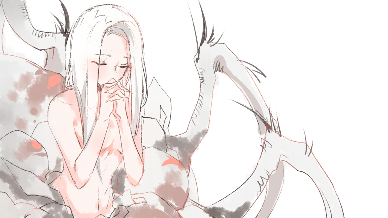 maou skun, quelaag's sister, dark souls (series), dark souls i, commentary request, 1girl, arachne, arthropod girl, arthropod limbs, breasts, closed eyes, hair over breasts, insect girl, long hair, medium breasts, monster girl, navel, nude, own hands together, pale skin, red eyes, simple background, solo, spider girl, taur, upper body, white background, white hair