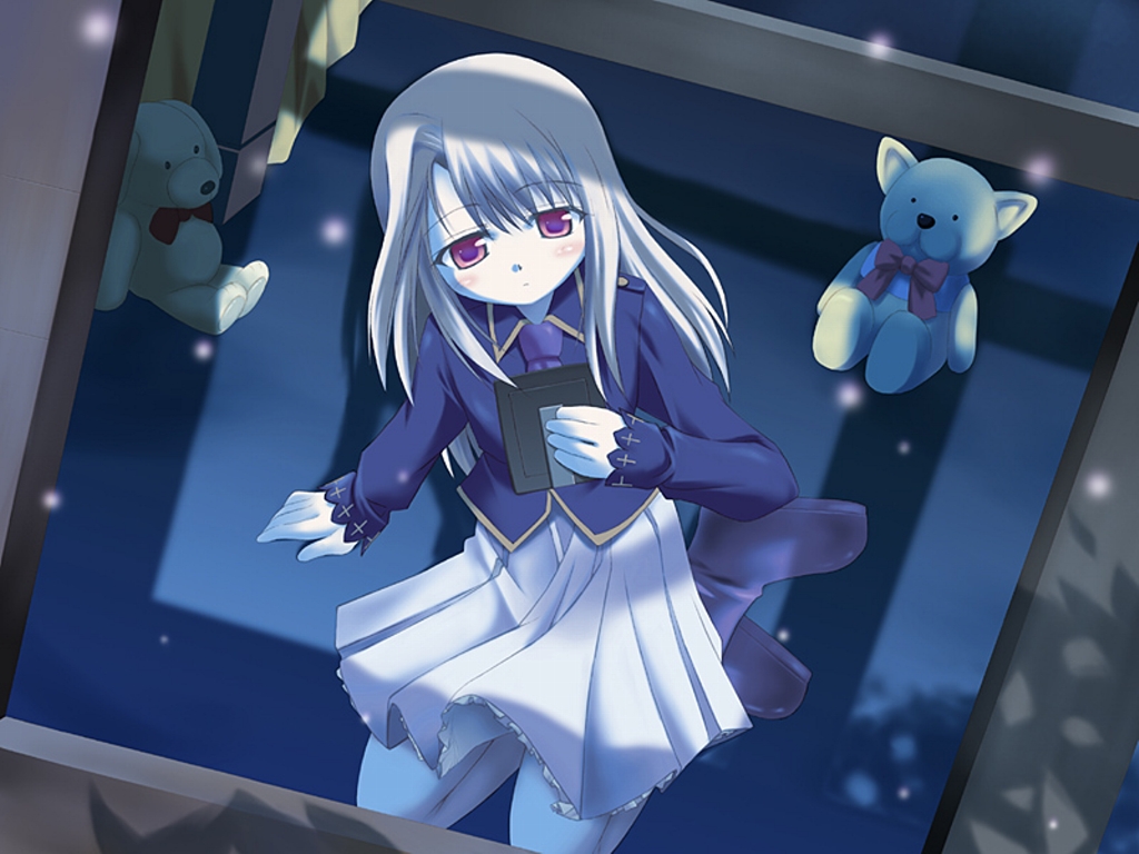 illyasviel von einzbern, fate/stay night, fate (series), silver hair, photo (medium), 00s, 1girl, blonde hair, blush, boots, bug, dog, dress, female focus, fireflies, firefly, insect, long hair, necktie, night, pale skin, photo (object), purple eyes, red eyes, ribbon, sad, skirt, snow, solo, stuffed animal, stuffed toy, teddy bear, window