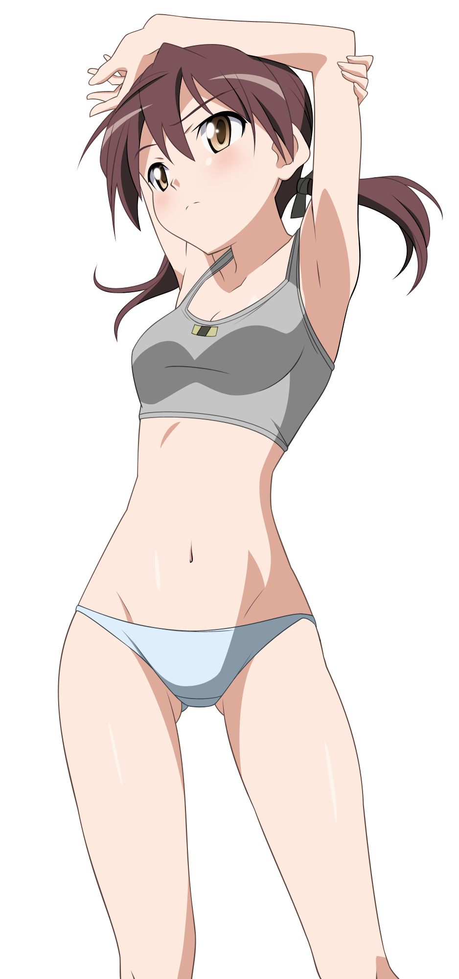gertrud barkhorn, strike witches, world witches series, derivative work, highres, non-web source, vector trace, 00s, 1girl, armpits, arms behind head, arms up, artistic error, blush, bra, brown eyes, brown hair, cowboy shot, female focus, grey bra, groin, lingerie, navel, panties, short hair, short twintails, solo, sports bra, stomach, stretching, transparent background, twintails, underwear, underwear only, yellow eyes