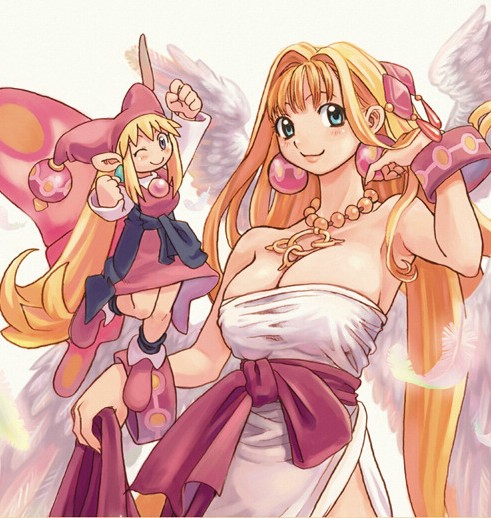 ryoji (nomura ryouji), cherie espoir, kururu (marl kingdom), marl kingdom, nippon ichi, puppet princess (marl kingdom), 2girls, angel, blonde hair, breasts, dress, earrings, fairy, feathers, huge breasts, jewelry, long hair, multiple girls, necklace, shoes, wings