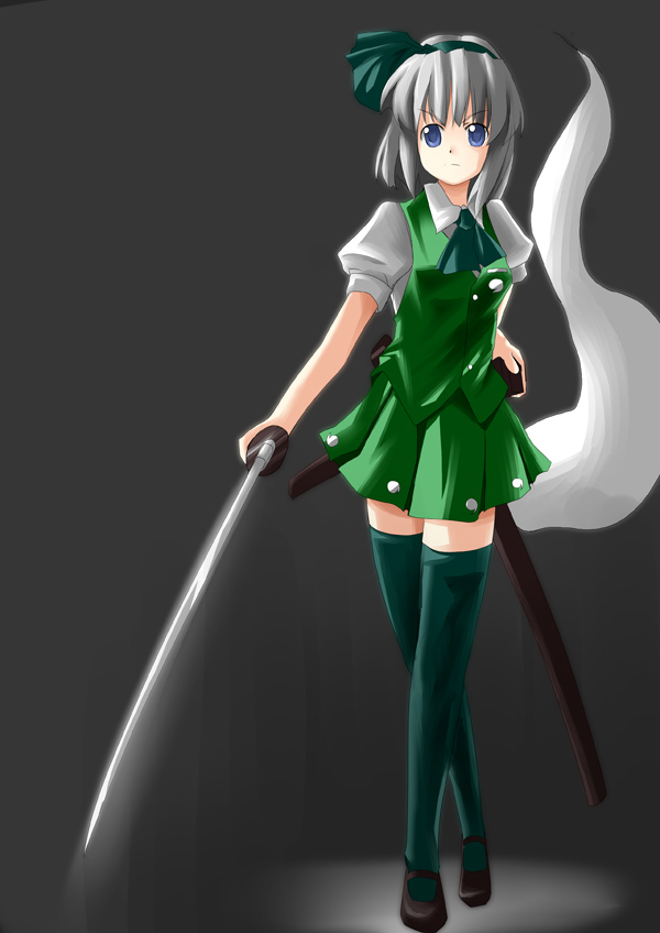 konpaku youmu, konpaku youmu (ghost), touhou, silver hair, bad id, bad pixiv id, 1girl, aqua thighhighs, blue eyes, female focus, hairband, hitodama, katana, short hair, skirt, solo, sword, thighhighs, vest, weapon, zettai ryouiki