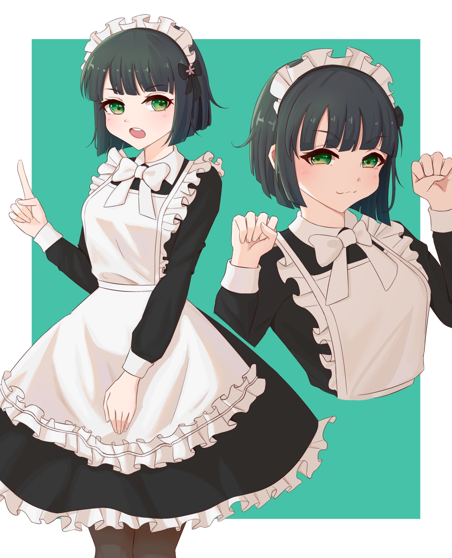 hshikaco, momose ginko, link! like! love live!, love live!, commentary, hashtag-only commentary, highres, 1girl, :3, alternate costume, apron, aqua background, black dress, black hair, blunt bangs, blunt ends, bob cut, border, bow, bowtie, brown pantyhose, clenched hands, closed mouth, cropped torso, dress, enmaided, feet out of frame, frilled apron, frills, index finger raised, long sleeves, maid, maid apron, maid headdress, multiple views, outside border, pantyhose, short hair, simple background, split mouth, standing, teeth, upper teeth only, virtual youtuber, white apron, white border, white bow, white bowtie