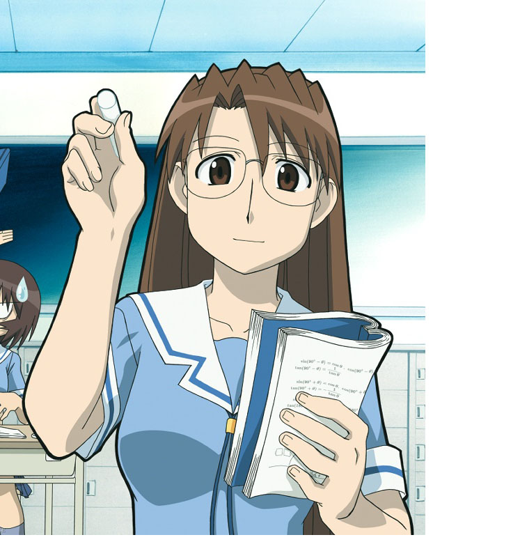 kagura, kagura (azumanga daioh), mizuhara koyomi, azumanga daiou, non-web source, 1girl, book, brown eyes, brown hair, chalk, female focus, glasses, long hair, school uniform, serafuku, solo