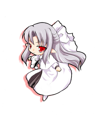 white len (tsukihime), melty blood, tsukihime, type-moon, silver hair, lowres, 00s, 1girl, chibi, dress, female focus, half updo, long hair, pointy ears, red eyes, ribbon, solo
