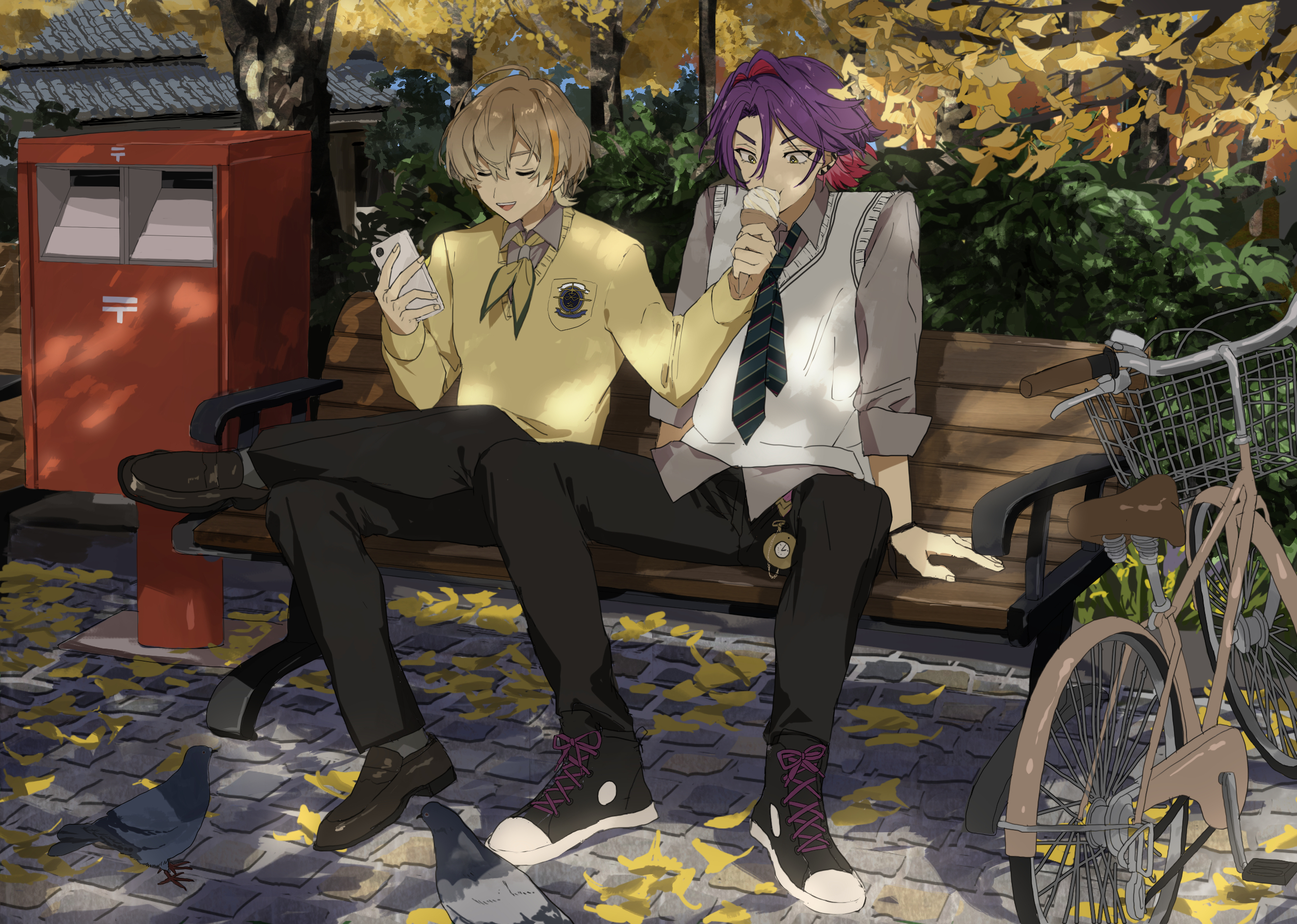 matsuhago, fura kanato, watarai hibari, nijisanji, hashtag-only commentary, highres, 2boys, autumn, bench, bicycle, black necktie, black pants, brown hair, cardigan, cellphone, colored inner hair, feeding, figure four sitting, ginkgo leaf, grey shirt, holding, holding ice cream cone, holding phone, ice cream cone, leaf, loafers, long sleeves, male focus, multicolored hair, multiple boys, neckerchief, necktie, on bench, outdoors, pants, park bench, phone, purple hair, school uniform, shirt, shoes, short hair, sitting, smartphone, sneakers, streaked hair, sunlight, two-tone hair, vest, virtual youtuber, white vest, wooden bench, yellow cardigan, yellow neckerchief
