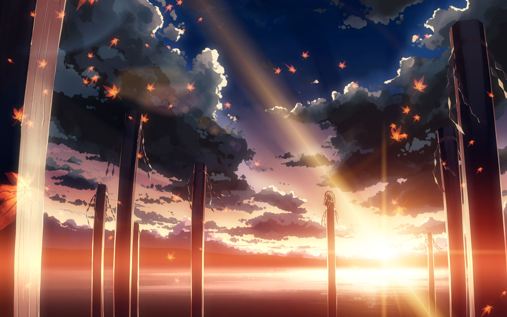 yuuki tatsuya, yasaka kanako, touhou, highres, md5 mismatch, resolution mismatch, source smaller, 1girl, autumn leaves, backlighting, cloud, diffraction spikes, female focus, indian style, lake, leaf, lens flare, maple leaf, onbashira, outdoors, pillar, rope, scenery, shide, shimenawa, silhouette, sitting, sky, solo, sun, sunrise, sunset, very wide shot, water
