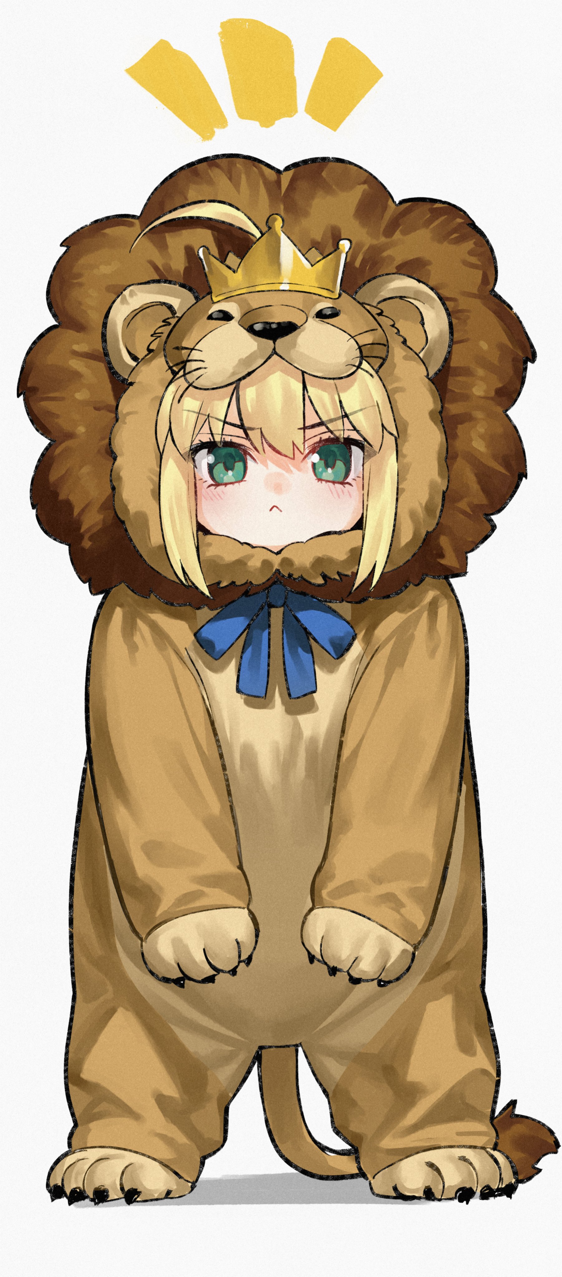 kamisato sora, artoria pendragon (fate), saber (fate), saber lion, fate/stay night, fate (series), absurdres, highres, 1girl, angry, animal costume, blonde hair, blue ribbon, cosplay, crown, green eyes, kigurumi, lion costume, pout, ribbon, serious, short hair, solo