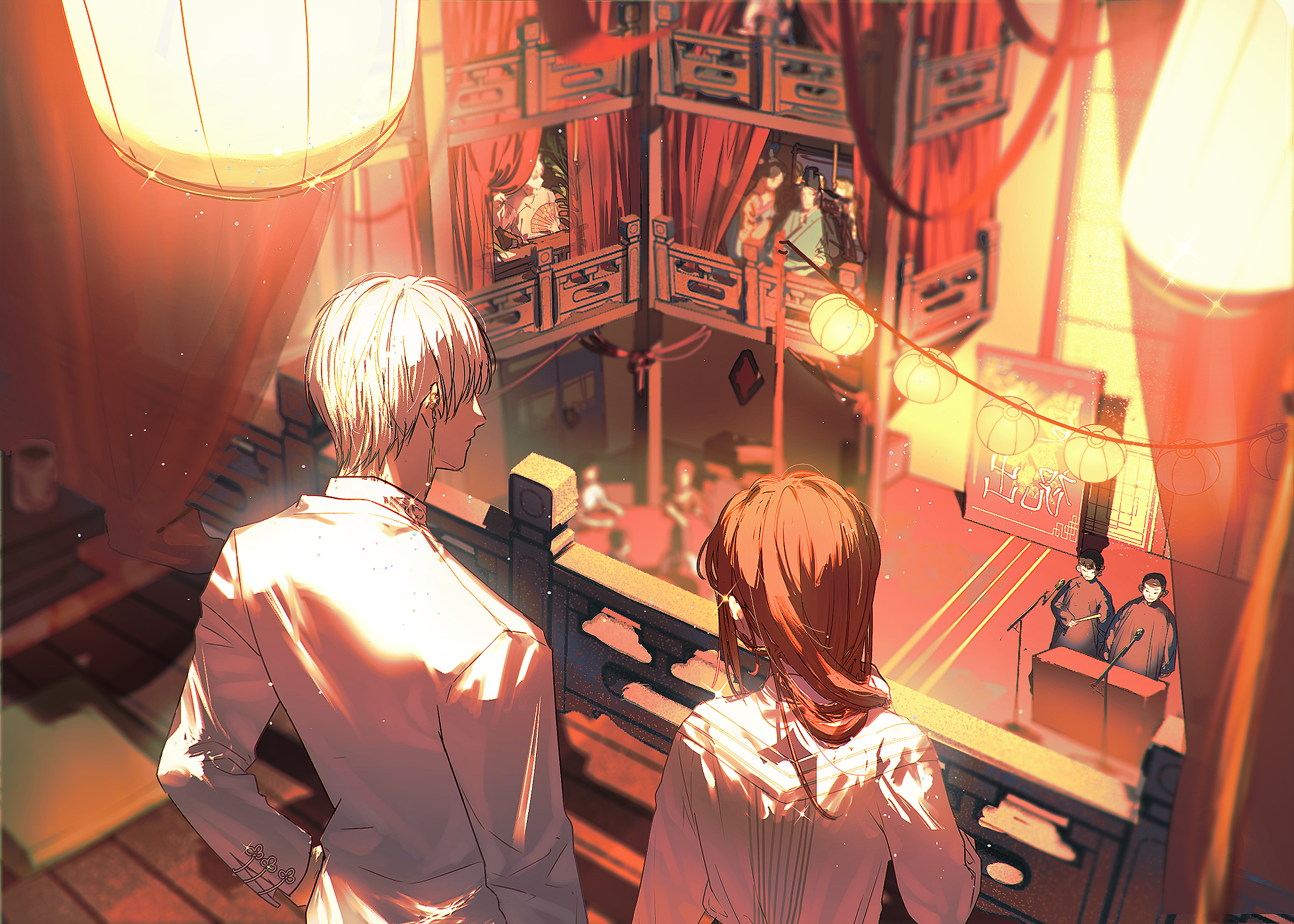 searmy, protagonist (light and night love), qi sili, light and night love, chinese commentary, commentary request, highres, 1boy, 1girl, architecture, brown hair, earrings, east asian architecture, from behind, hand on own hip, hanging lantern, indoors, jewelry, lantern, light particles, long hair, long sleeves, microphone, microphone stand, paper lantern, people, railing, shirt, short hair, white hair, white shirt