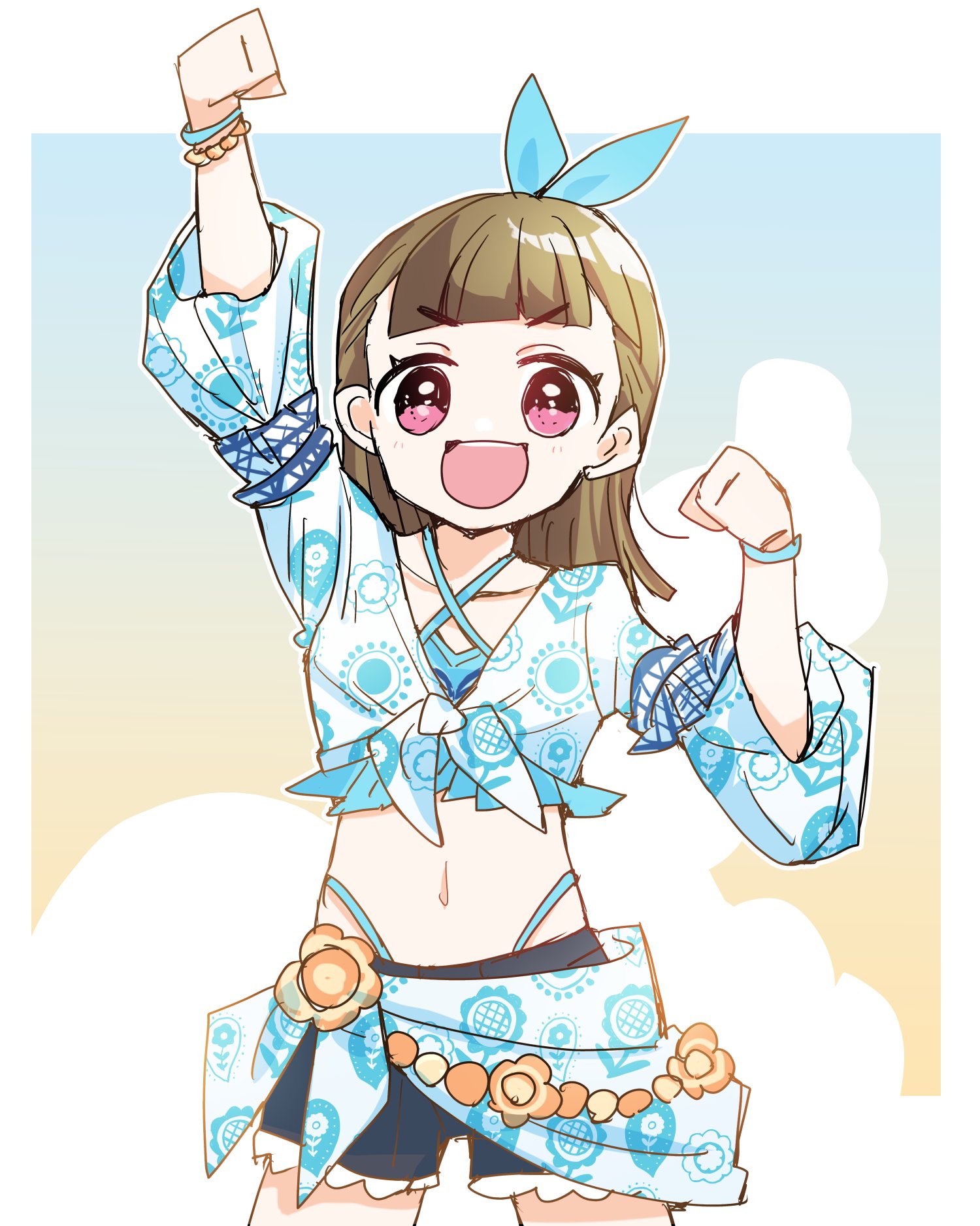 kanduki kamibukuro, kachimachi kosuzu, link! like! love live!, love live!, commentary request, highres, 1girl, :d, alternate costume, bikini, bikini under clothes, black shorts, blue bikini, blue shirt, brown hair, center-flap bangs, clenched hands, collarbone, criss-cross halter, halterneck, long hair, looking at viewer, natsumeki pain, navel, open mouth, pink eyes, raised fist, shirt, shorts, smile, solo, stomach, swimsuit, three-quarter sleeves, virtual youtuber