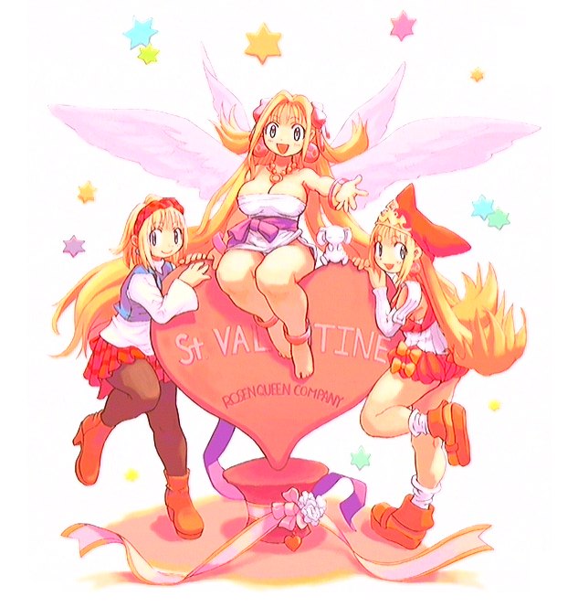 ryoji (nomura ryouji), cherie espoir, cornet espoir, ledgem (marl kingdom), princess kururu, little princess, marl kingdom, nippon ichi, puppet princess (marl kingdom), brown legwear, 3girls, barefoot, blonde hair, hat, heart, long hair, mother and daughter, multiple girls, pantyhose, short hair, skirt, star (symbol), time paradox, wings