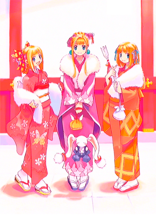 ryoji (nomura ryouji), cherie espoir, cornet espoir, ledgem (marl kingdom), princess kururu, little princess, marl kingdom, nippon ichi, puppet princess (marl kingdom), 3girls, japanese clothes, kimono, long hair, mother and daughter, multiple girls, short hair, standing, time paradox