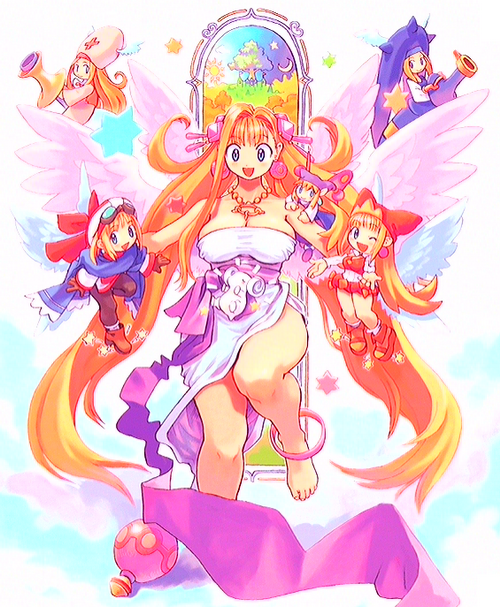 ryoji (nomura ryouji), cherie espoir, cornet espoir, kururu (marl kingdom), ledgem (marl kingdom), princess kururu, sharte (marl kingdom), terra (marl kingdom), little princess, marl kingdom, nippon ichi, puppet princess (marl kingdom), 6+girls, barefoot, blonde hair, breasts, fairy, feet, hat, huge breasts, long hair, mini person, minigirl, mother and daughter, multiple girls, pointy ears, short hair, time paradox, wings