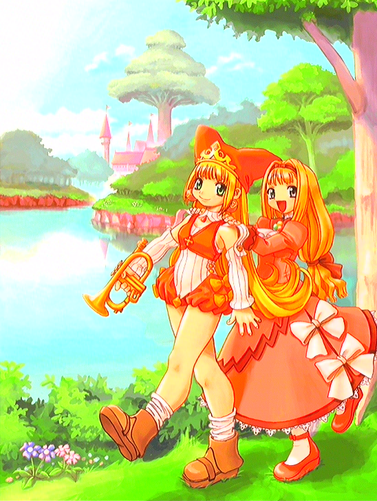 ryoji (nomura ryouji), crea rosenqueen, princess kururu, little princess, marl kingdom, nippon ichi, 2girls, bow, castle, dress, flower, forest, green eyes, hat, long hair, multiple girls, nature, shoes, socks