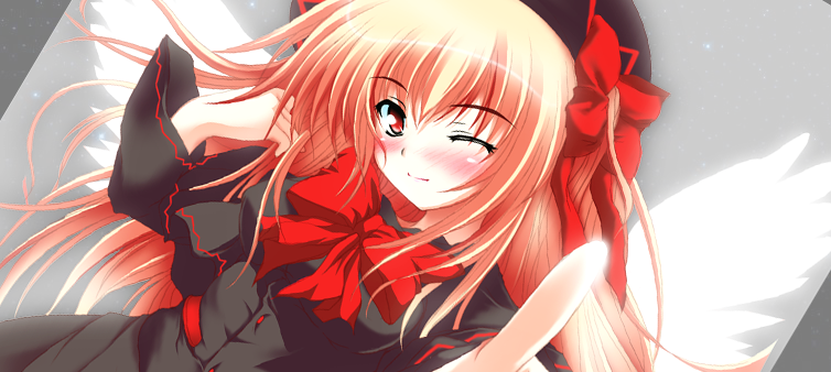rei kazami, lily black, lily white, touhou, eyebrows, 1girl, black dress, black hat, blonde hair, blush, bow, breasts, buttons, dress, female focus, hat, hat ribbon, long sleeves, one eye closed, pointing, pointing at viewer, red eyes, red ribbon, ribbon, shirt bow, solo, white wings, wings, wink