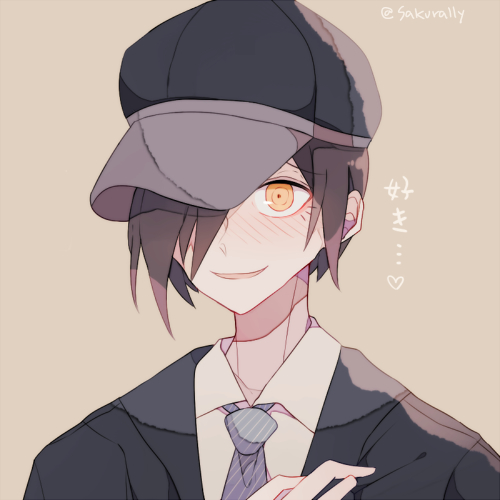 sakura (fein5862817), saihara shuichi, danganronpa (series), danganronpa v3: killing harmony, commentary request, lowres, translation request, 1boy, aegyo sal, baseball cap, black hair, black hat, black jacket, blazer, blue necktie, blush, brown background, collared jacket, collared shirt, crazy, crazy smile, hair over one eye, happy, hat, jacket, lapels, long eyelashes, long sleeves, looking ahead, male focus, necktie, official alternate costume, open mouth, school uniform, shirt, short hair, simple background, smile, solo, striped necktie, twitter username, upper body, white shirt, yellow eyes