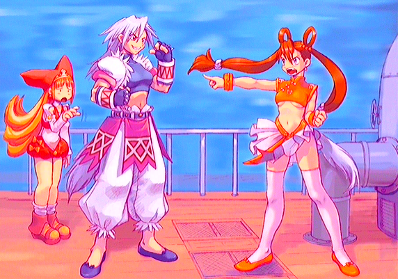ryoji (nomura ryouji), gao (marl kingdom), princess kururu, ranran (marl kingdom), ranran (rhapsody), little princess, marl kingdom, nippon ichi, 3girls, blue hair, breasts, brown hair, hat, long hair, medium breasts, multiple girls, underboob