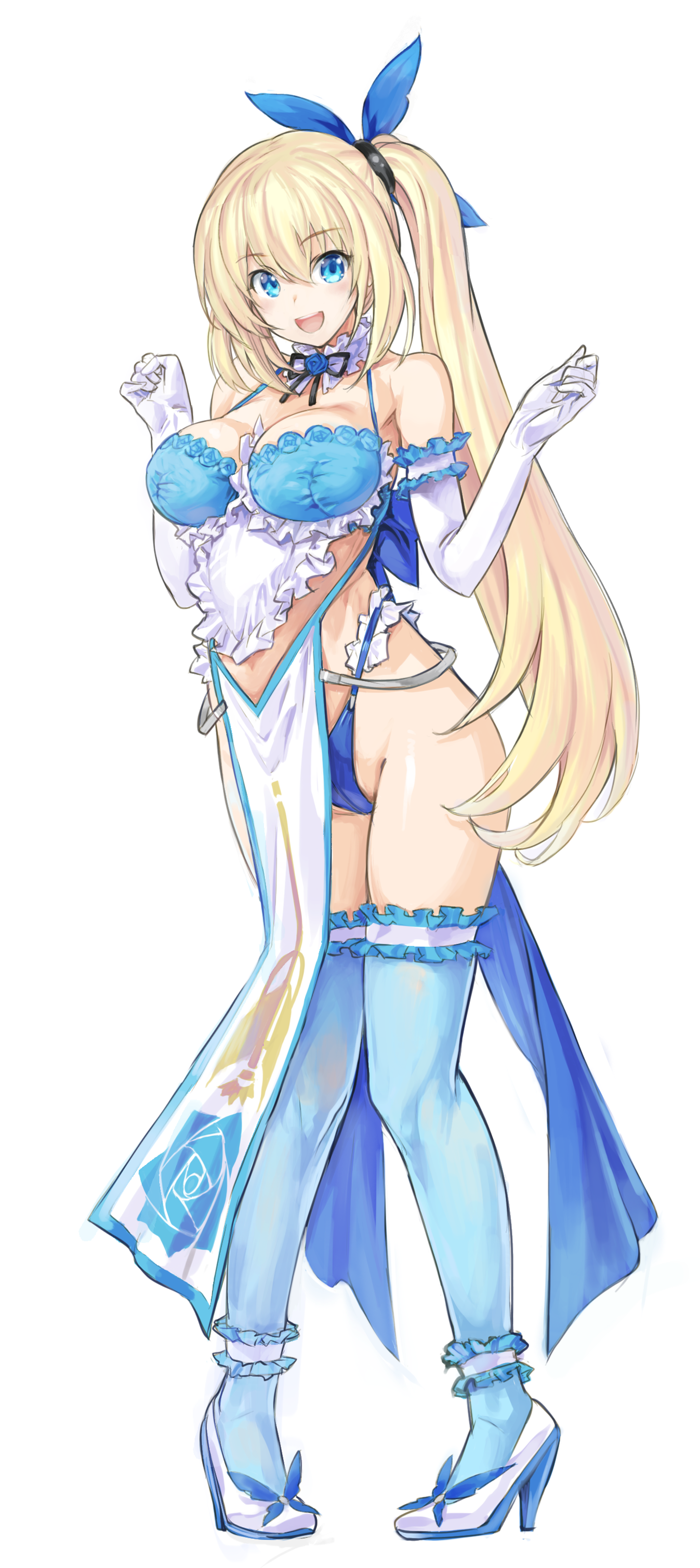 kiyama satoshi, mirai akari, lingerie senshi papillon rose, mirai akari project, absurdres, commentary request, highres, 1girl, blonde hair, blue eyes, blue flower, blue panties, blue rose, blue thighhighs, breasts, cameltoe, elbow gloves, flower, frilled gloves, frilled thighhighs, frills, full body, gloves, high heels, large breasts, long hair, looking at viewer, open mouth, panties, pelvic curtain, ponytail, rose, shoes, simple background, solo, standing, thighhighs, underwear, very long hair, virtual youtuber, white background, white gloves, white shoes