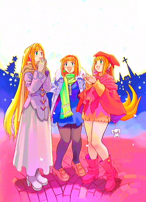 cherie espoir, cornet espoir, princess kururu, little princess, marl kingdom, nippon ichi, puppet princess (marl kingdom), 3girls, blonde hair, boots, gloves, hat, long hair, long skirt, mother and daughter, multiple girls, pantyhose, shoes, short hair, skirt, snow, time paradox, winter