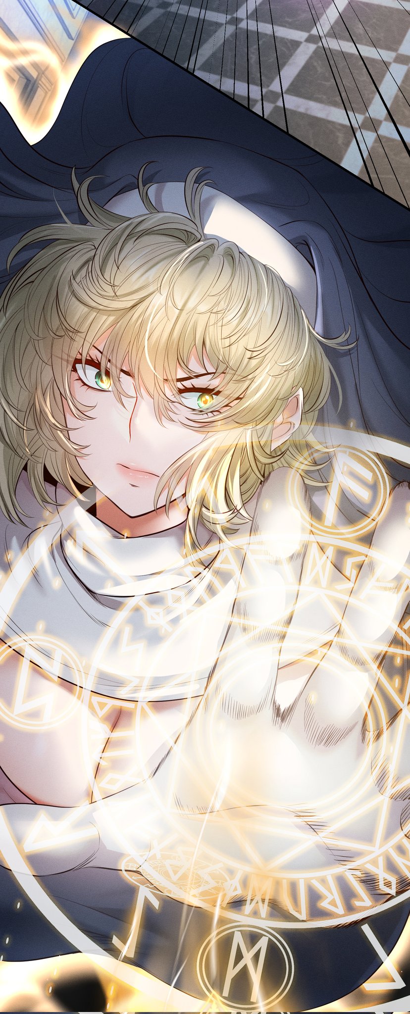 etidekailo, habit, highres, 1girl, blonde hair, breasts, cleavage, closed mouth, gloves, glowing, hair between eyes, large breasts, looking at viewer, magic, magic circle, nun, serious, short hair, solo, upper body, white gloves, yellow eyes